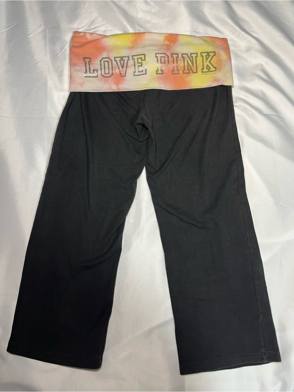 Victoria’s Secret PINK Yoga Capri Pants XS Black Foldover Tie Dye Sparkle Y2K